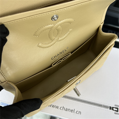 Cha.nel Small Classic Flap Bag Grained Calfskin Silver Tone Metal Beige 01117 (Flap Edge Stitch)