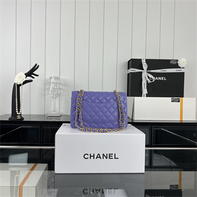 Cha.nel Small Classic Flap Bag Grained Calfskin Gold Tone Metal Purple 01117
