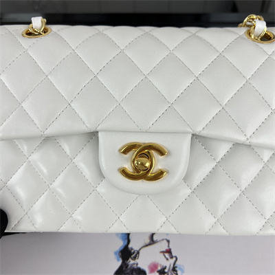 Cha.nel Small Classic Flap Bag Lambskin Gold Tone Metal White 01117