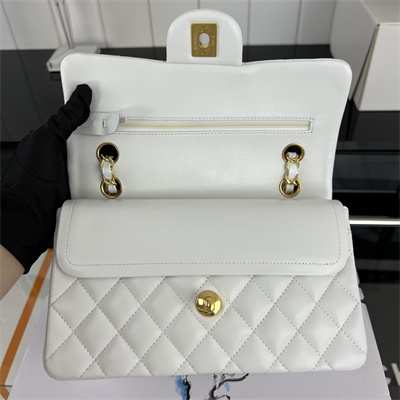 Cha.nel Small Classic Flap Bag Lambskin Gold Tone Metal White 01117