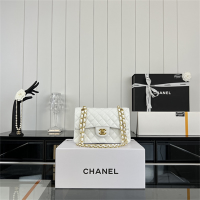 Cha.nel Small Classic Flap Bag Lambskin Gold Tone Metal White 01117