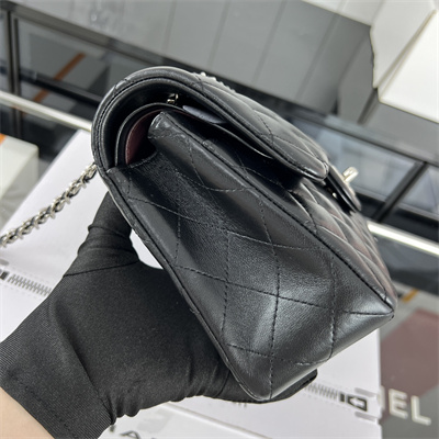 Cha.nel Small Classic Flap Bag Lambskin Silver Tone Metal Black 01117