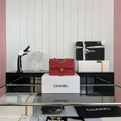 Cha.nel Small Classic Flap Bag Lambskin Gold Tone Metal Red 01117