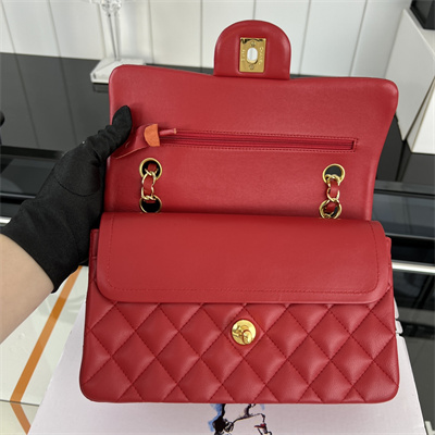 Cha.nel Small Classic Flap Bag Lambskin Gold Tone Metal Red 01117