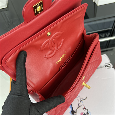 Cha.nel Small Classic Flap Bag Lambskin Gold Tone Metal Red 01117