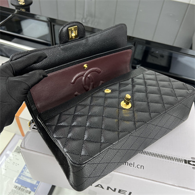 Cha.nel Medium Classic Flap Bag Grained Calfskin Gold Tone Metal Black 01112(Flap Edge Stitch)