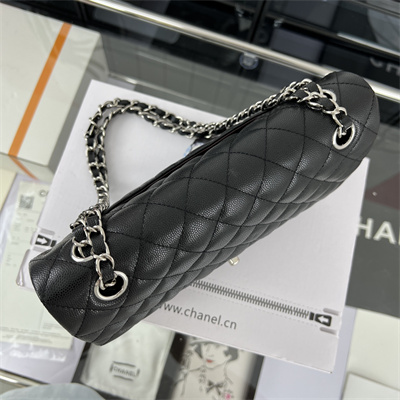 Cha.nel Medium Classic Flap Bag Grained Calfskin Silver Tone Metal Black 01112