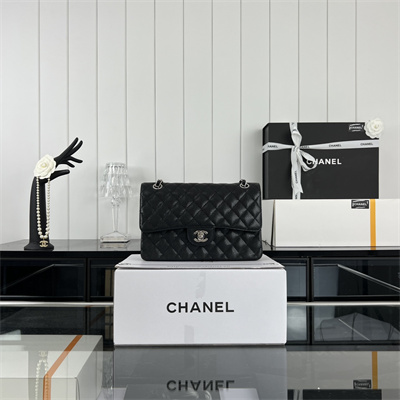 Cha.nel Medium Classic Flap Bag Grained Calfskin Silver Tone Metal Black 01112 (Flap Edge Stitch)