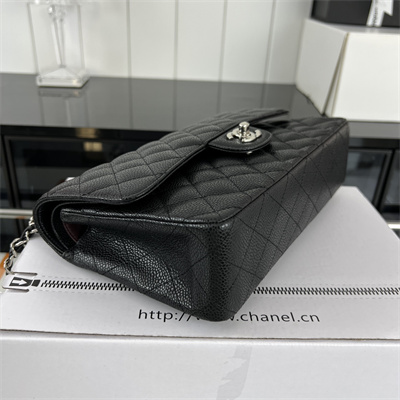 Cha.nel Medium Classic Flap Bag Grained Calfskin Silver Tone Metal Black 01112 (Flap Edge Stitch)