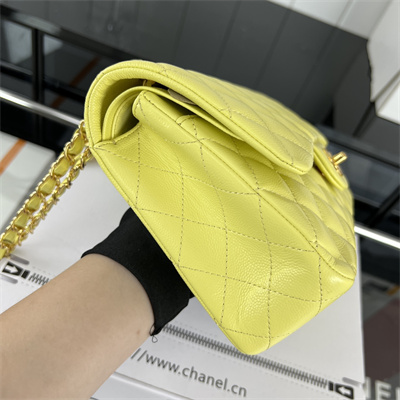 Cha.nel Medium Classic Flap Bag Grained Calfskin Gold Tone Metal Yellow 01112