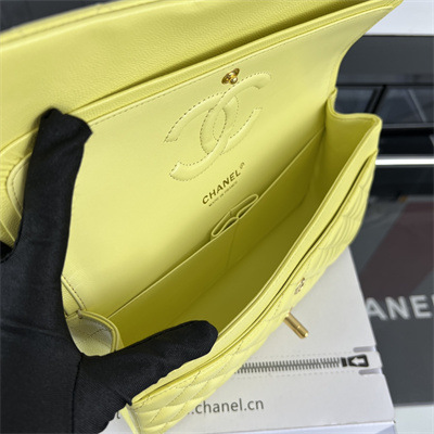 Cha.nel Medium Classic Flap Bag Grained Calfskin Gold Tone Metal Yellow 01112