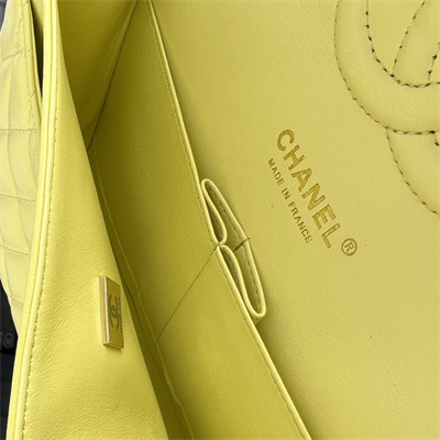 Cha.nel Medium Classic Flap Bag Grained Calfskin Gold Tone Metal Yellow 01112