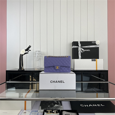 Cha.nel Medium Classic Flap Bag Grained Calfskin Gold Tone Metal Purple 01112 (Flap Edge Stitch)