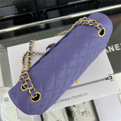 Cha.nel Medium Classic Flap Bag Grained Calfskin Gold Tone Metal Purple 01112 (Flap Edge Stitch)