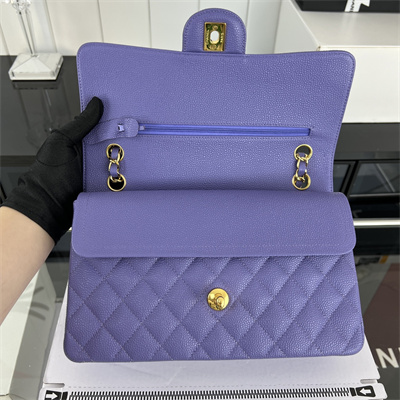 Cha.nel Medium Classic Flap Bag Grained Calfskin Gold Tone Metal Purple 01112 (Flap Edge Stitch)