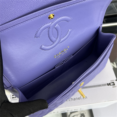 Cha.nel Medium Classic Flap Bag Grained Calfskin Gold Tone Metal Purple 01112 (Flap Edge Stitch)