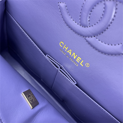 Cha.nel Medium Classic Flap Bag Grained Calfskin Gold Tone Metal Purple 01112 (Flap Edge Stitch)