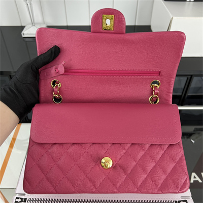 Cha.nel Medium Classic Flap Bag Grained Calfskin Gold Tone Metal Fuchsia 01112