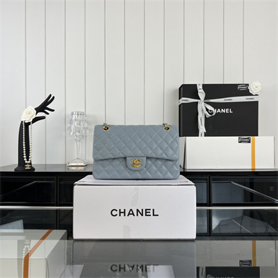 Cha.nel Medium Classic Flap Bag Grained Calfskin Gold Tone Metal Lt Blue 01112