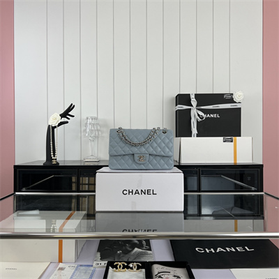 Cha.nel Medium Classic Flap Bag Grained Calfskin Silver Tone Metal Lt Blue 01112