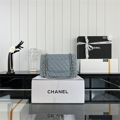 Cha.nel Medium Classic Flap Bag Grained Calfskin Silver Tone Metal Lt Blue 01112