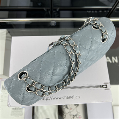 Cha.nel Medium Classic Flap Bag Grained Calfskin Silver Tone Metal Lt Blue 01112