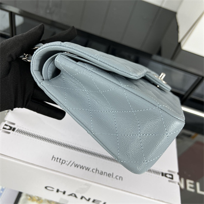 Cha.nel Medium Classic Flap Bag Grained Calfskin Silver Tone Metal Lt Blue 01112