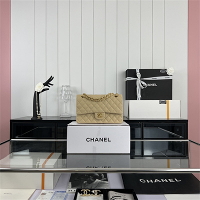 Cha.nel Medium Classic Flap Bag Grained Calfskin Gold Tone Metal Beige 01112