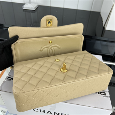 Cha.nel Medium Classic Flap Bag Grained Calfskin Gold Tone Metal Beige 01112
