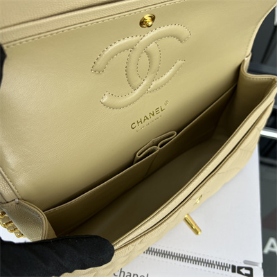 Cha.nel Medium Classic Flap Bag Grained Calfskin Gold Tone Metal Beige 01112