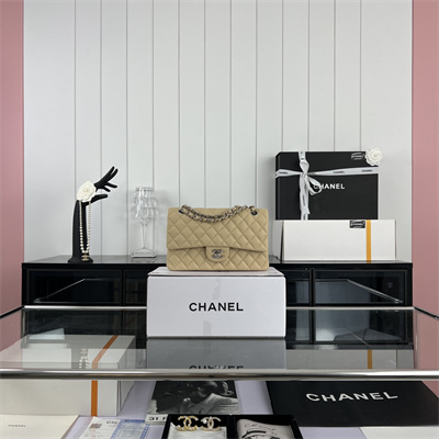 Cha.nel Medium Classic Flap Bag Grained Calfskin Silver Tone Metal Beige 01112