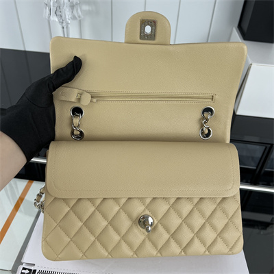 Cha.nel Medium Classic Flap Bag Grained Calfskin Silver Tone Metal Beige 01112