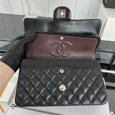 Cha.nel Medium Classic Flap Bag Lambskin Silver Tone Metal Black 01112