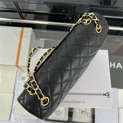 Cha.nel Large Classic Flap Bag Grained Calfskin Gold Tone Metal Black 58600(Flap Edge Stitch)