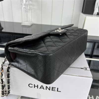 Cha.nel Large Classic Flap Bag Grained Calfskin Silver Tone Metal Black 58600(Flap Edge Stitch)