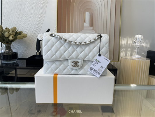 Cha.nel Medium Classic Flap Bag Grained Calfskin Silver Tone Metal White 01112 (Flap Edge Stitch)