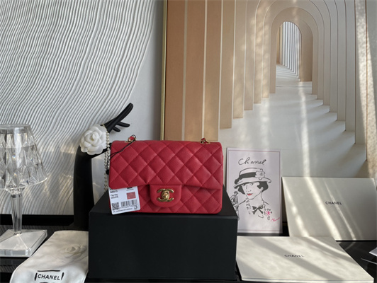 Cha.nel Mini Classic Flap Bag Grained Calfskin Gold Tone Metal Red 01116