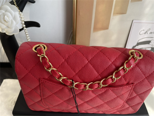 Cha.nel Mini Classic Flap Bag Grained Calfskin Gold Tone Metal Red 01116