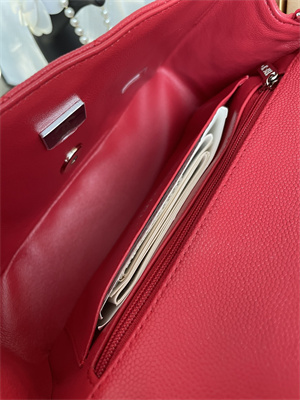 Cha.nel Mini Classic Flap Bag Grained Calfskin Silver Tone Metal Red 01116