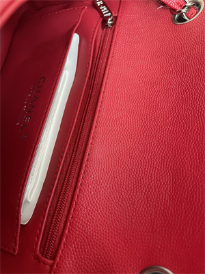 Cha.nel Mini Classic Flap Bag Grained Calfskin Silver Tone Metal Red 01116