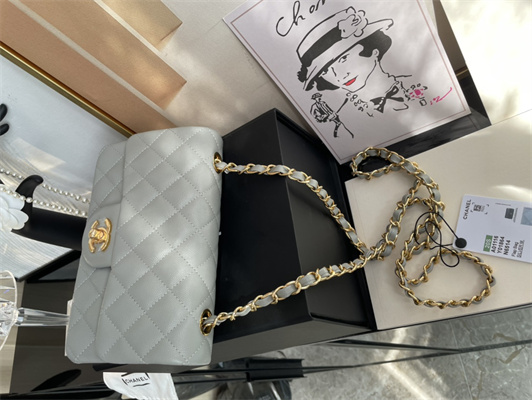 Cha.nel Mini Classic Flap Bag Grained Calfskin Gold Tone Metal Grey 01116