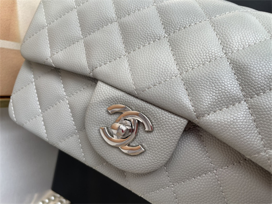 Cha.nel Mini Classic Flap Bag Grained Calfskin Silver Tone Metal Grey 01116