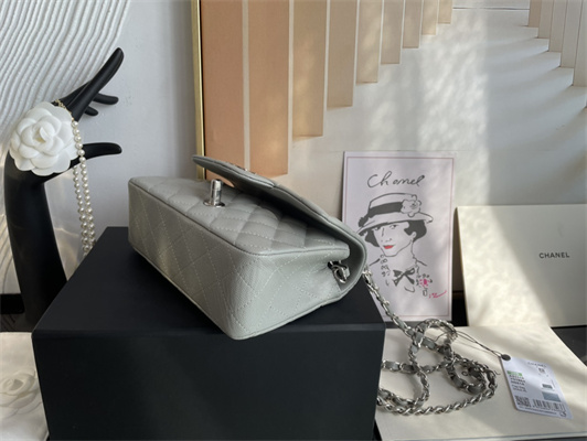 Cha.nel Mini Classic Flap Bag Grained Calfskin Silver Tone Metal Grey 01116
