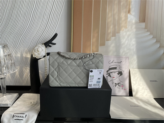 Cha.nel Mini Classic Flap Bag Grained Calfskin Silver Tone Metal Grey 01116