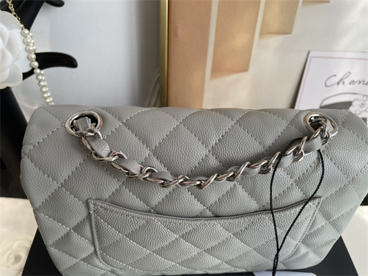 Cha.nel Mini Classic Flap Bag Grained Calfskin Silver Tone Metal Grey 01116