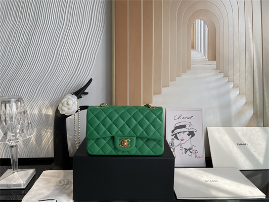 Cha.nel Mini Classic Flap Bag Grained Calfskin Gold Tone Metal Green 01116