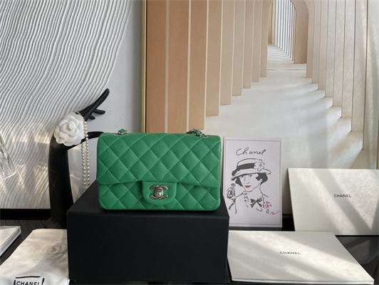 Cha.nel Mini Classic Flap Bag Grained Calfskin Silver Tone Metal Green 01116