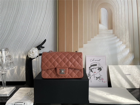 Cha.nel Mini Classic Flap Bag Grained Calfskin Silver Tone Metal Caramel 01116