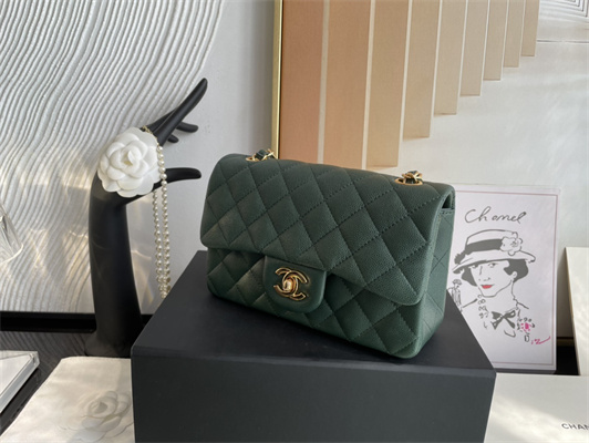 Cha.nel Mini Classic Flap Bag Grained Calfskin Gold Tone Metal Dk Green 01116