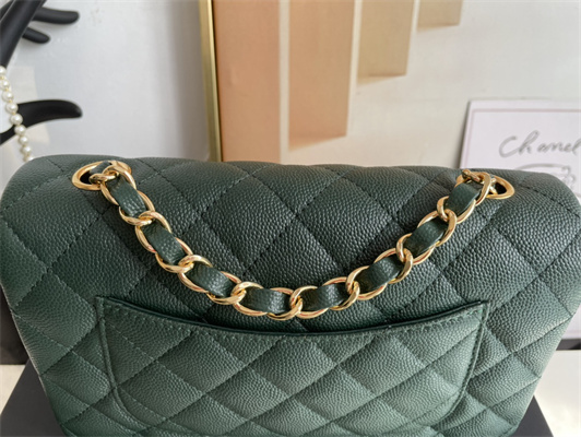 Cha.nel Mini Classic Flap Bag Grained Calfskin Gold Tone Metal Dk Green 01116